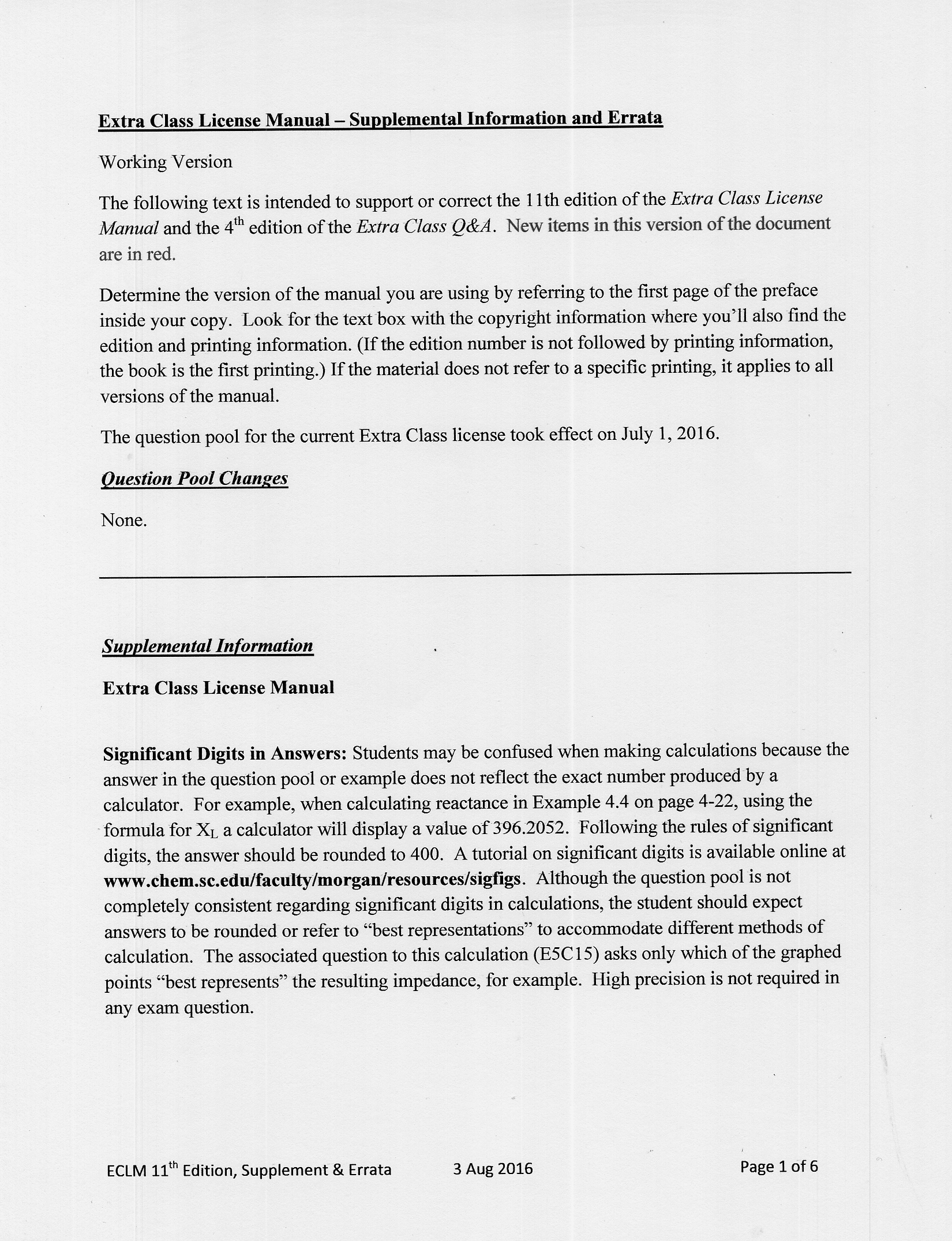 Extra Class License Manual 11th Edition - Supplement and Errata - 3 Aug 2016